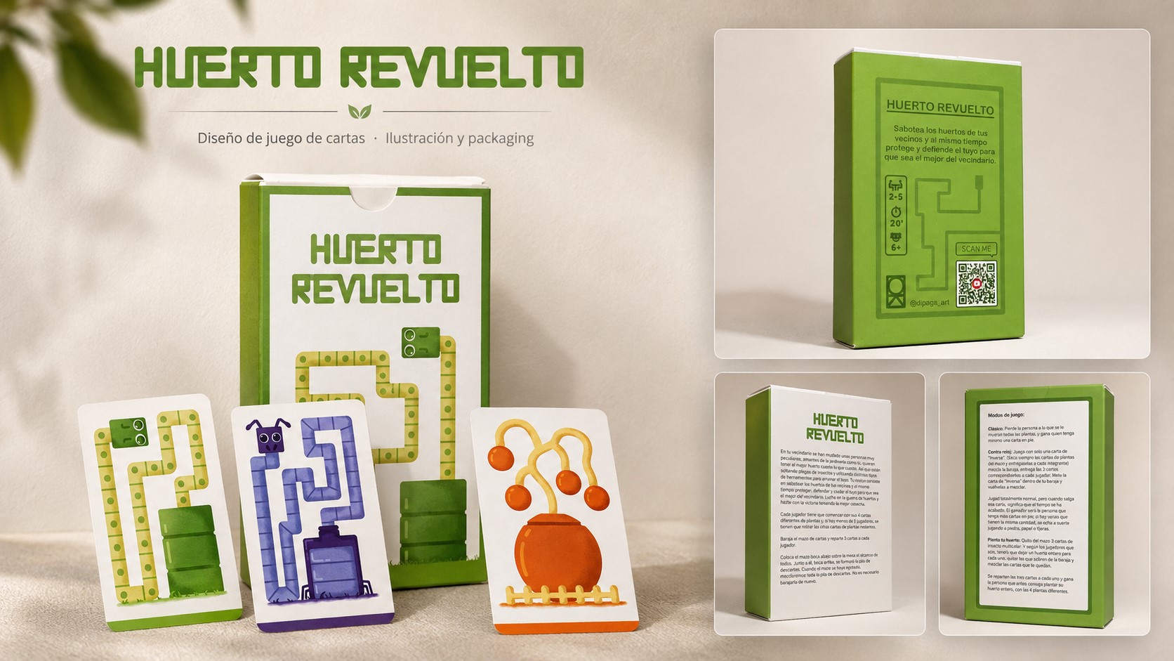 Presentación del proyecto Huerto Revuelto con cartas, packaging e instrucciones